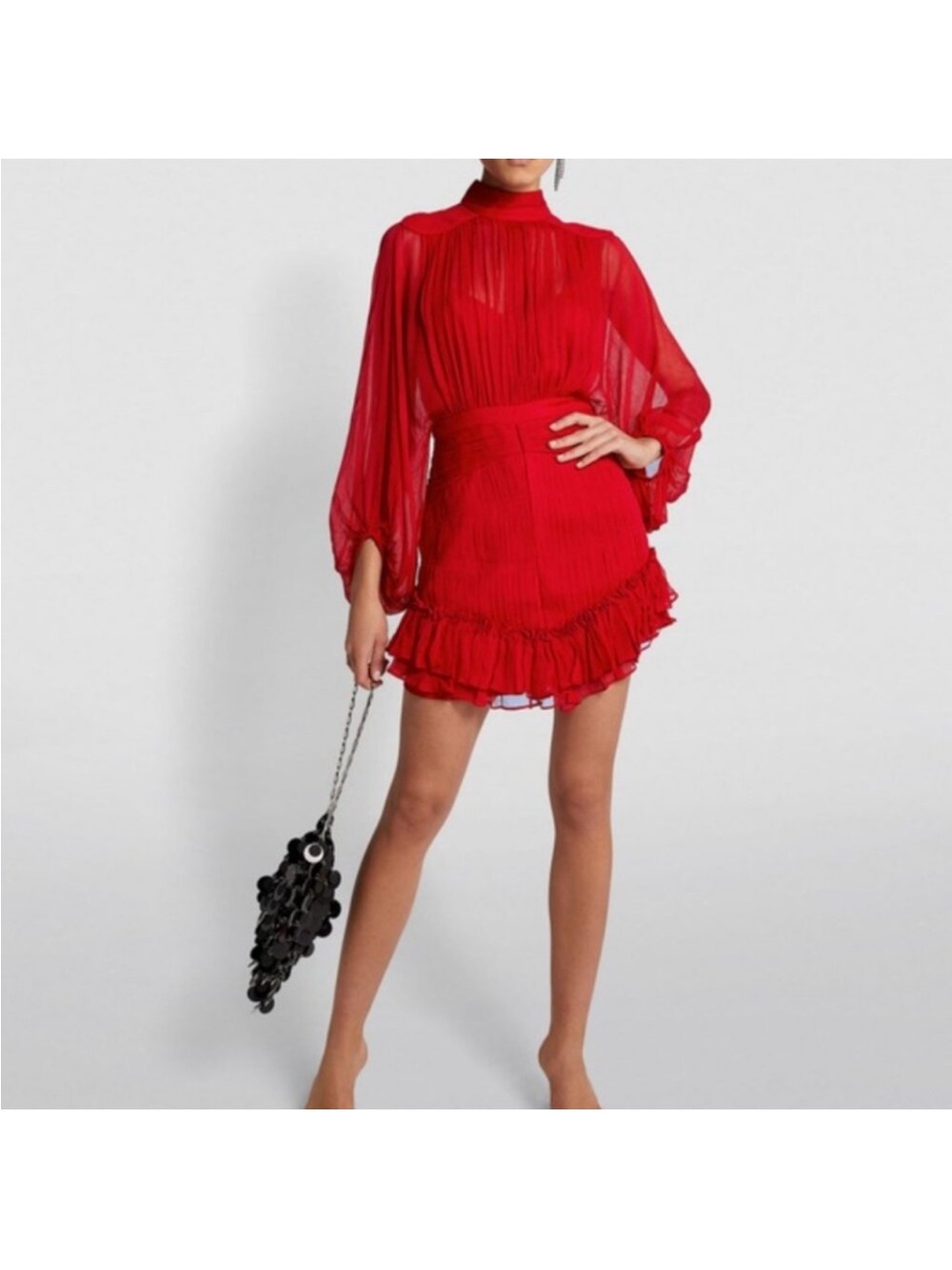 Shona Joy Red Sheer Long-Sleeve Ruffle Mini Dress